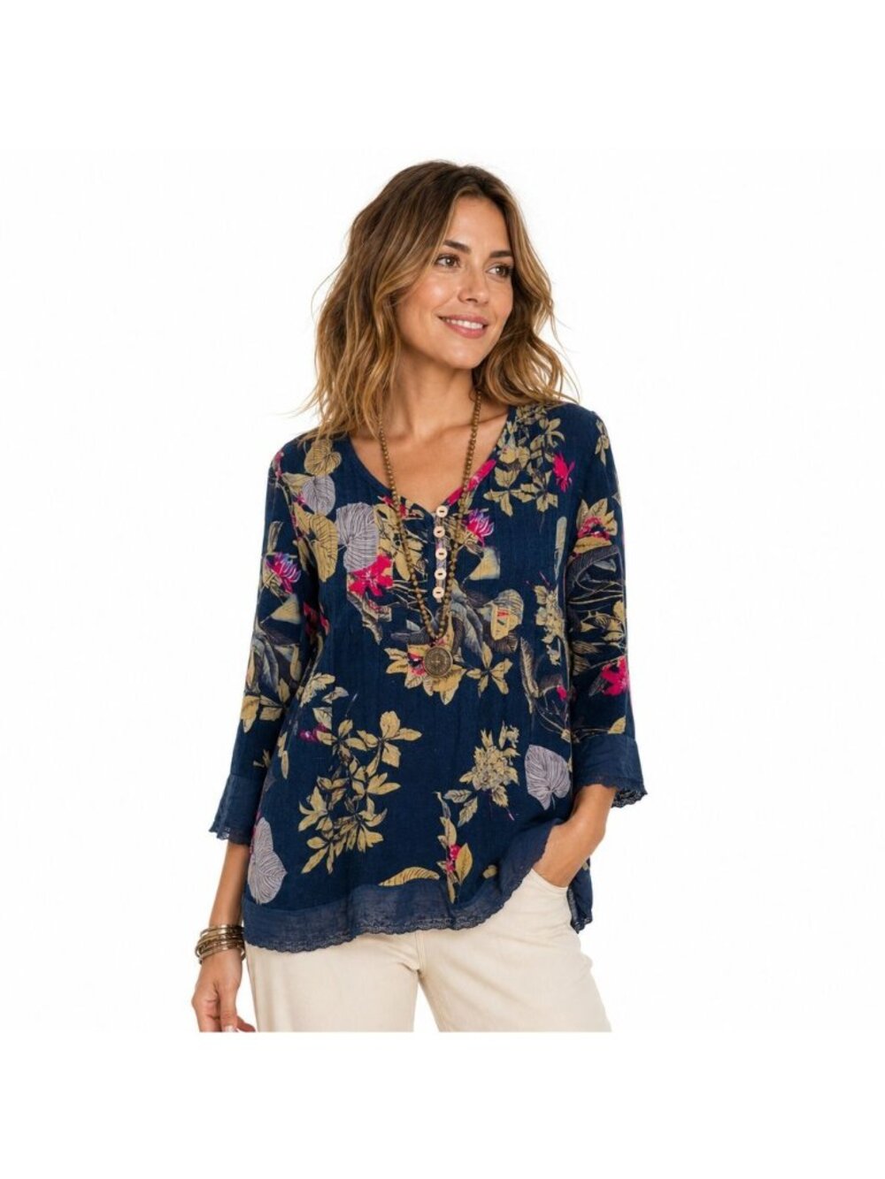 O-necue Floral Print Cotton Tunic Top  Lace Trim Boho Sustainable Art Womens XXL
